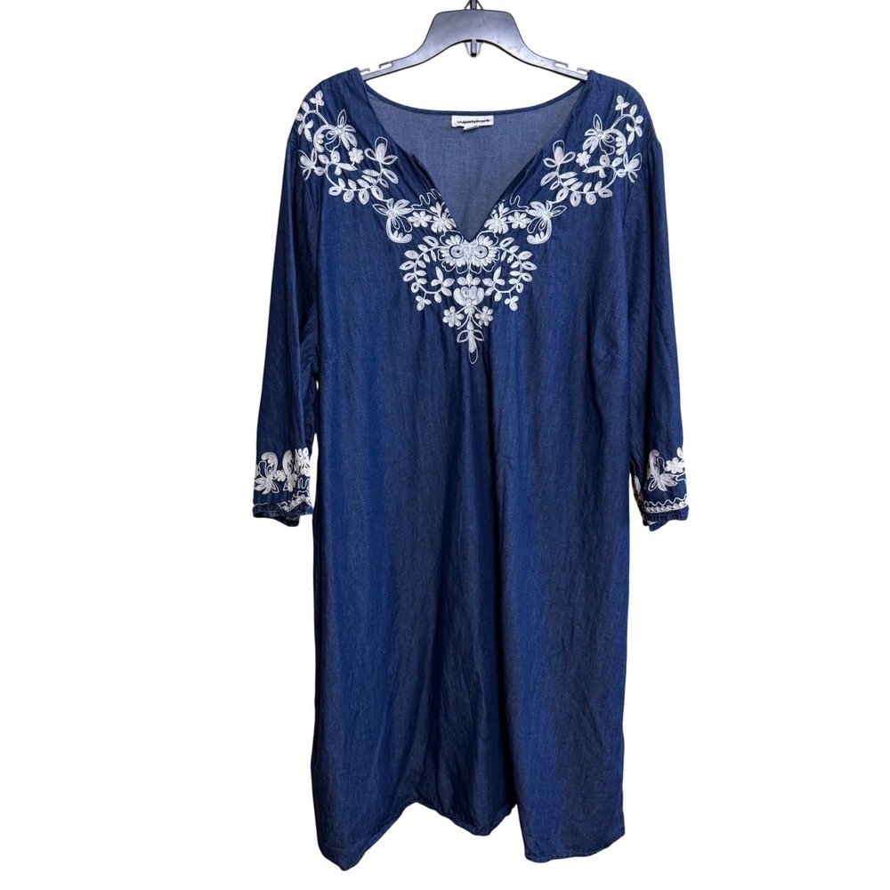 Westport Chambray Denim Embroidered Shift Dress Womens Plus Size 24W Cotton Boho